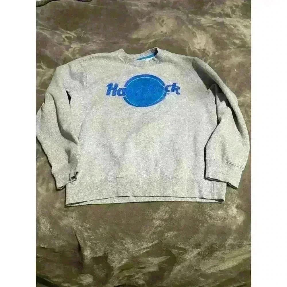 Hard Rock Cafe Grey Pull Over Sweatshirt, Blue Embroidered Print Size Medium